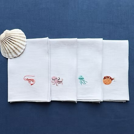 [CMAtt01/Bi] Serviette brodée en lin - Giardino Segreto - (Bianco, Marina)